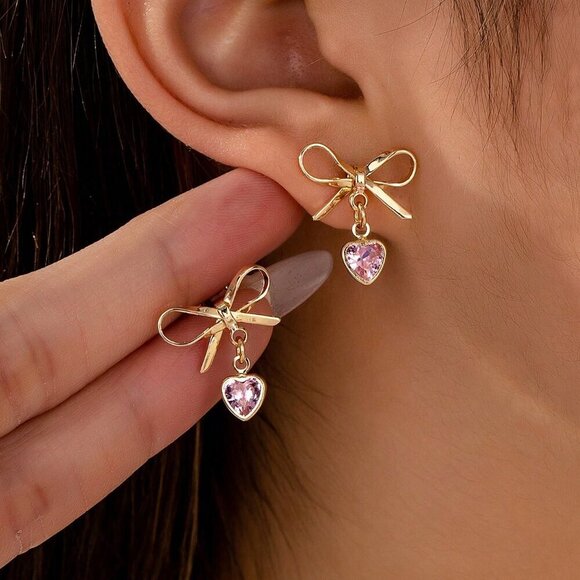 Multicolor Women's Golden Color Bow Heart Dangle Earring - Picture 2 of 3